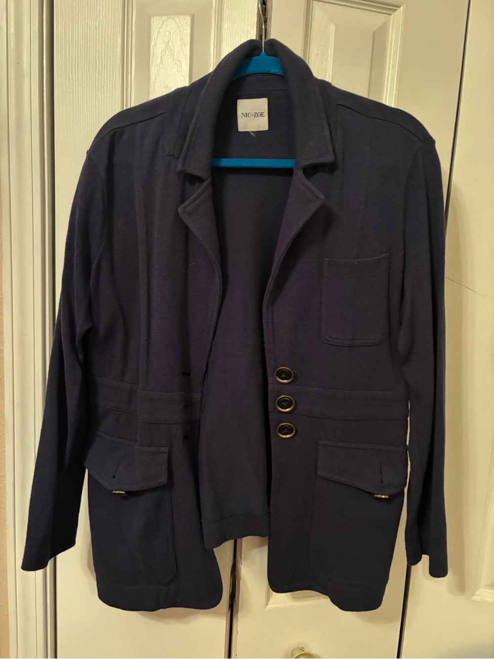 NIC+ZOE Navy Knit Three-Button Pocket Blazer
